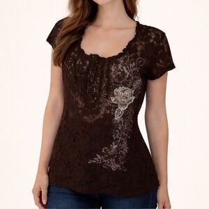Vtg VANITY Brown Sheer Lace Rose Embellished Babydoll Y2k Short Sleeve Top